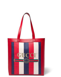 Gucci Leather Trimmed Logo Print Striped Canvas Tote Bag