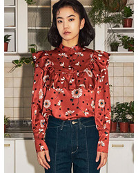 Daisy Dot Print Shirring Blouse Red