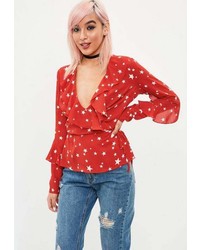 Missguided Red Star Print Wrap Ruffle Tie Front Blouse