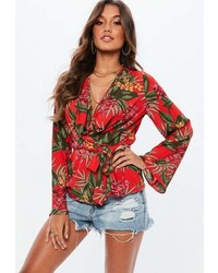 Missguided Red Tropical Print Drape Plunge Blouse