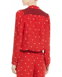 Valentino Rosebud Print Button Front Pajama Blouse With Contrast Necktie