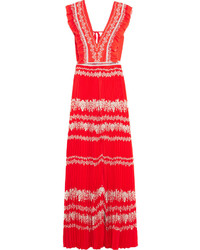 Self-Portrait Ruffled Printed Pliss Georgette Gown Red