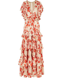 Johanna Ortiz Ruffled Tiered Floral Print Cotton Tte Maxi Dress