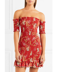 Zimmermann Corsair Off The Shoulder Shirred Printed Linen And Cotton Blend Dress Crimson