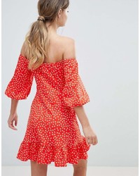 Asos Design Off Shoulder Mini Sundress With Bubble Sleeve In Ditsy Print