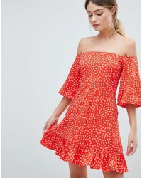 Asos Design Off Shoulder Mini Sundress With Bubble Sleeve In Ditsy Print