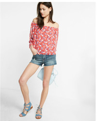 Express Floral Print Abbreviated Off The Shoulder Blouse