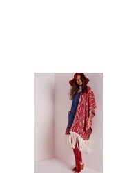 Missguided Diamond Fringed Poncho Red