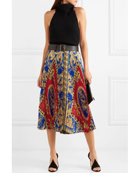 Versace Pleated Printed Satin Midi Skirt