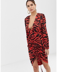 Flounce London Front Plunge Wrap Midi Dress With Long Sleeve In Red Zebra Print