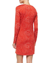 Diane von Furstenberg Reina Batik Print Split Neck Dress Red