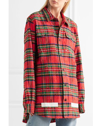 Off-White Frayed Printed Flocked Checked Cotton Shirt Red