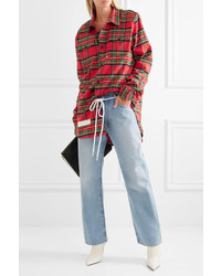 Off-White Frayed Printed Flocked Checked Cotton Shirt Red