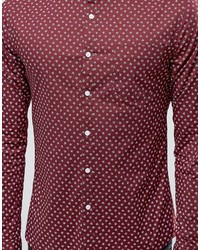 Asos Skinny Shirt With Ditsy Floral Print And Grandad Collar In Burgundy