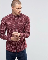 Asos Skinny Shirt With Ditsy Floral Print And Grandad Collar In Burgundy