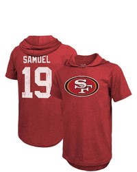 Majestic Threads Fanatics Branded Deebo Samuel Scarlet San Francisco 49ers Player Name Number Tri Blend Hoodie T Shirt