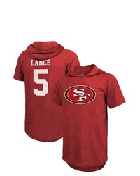 Majestic Threads Fanatics Branded Trey Lance Scarlet San Francisco 49ers Player Name Number Tri Blend Short Sleeve Hoodie T Shirt