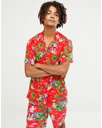 ASOS DESIGN Co Ord Christmas Oversized Surfing Santa Printed Shirt In Red