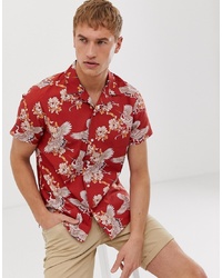 Selected Homme Revere Collar Shirt With All Over Bird Print In Red