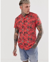 BLEND Revere Collar Shirt With Hibiscus Print In Red