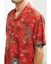 Urban Outfitters Uo Red Dragon Rayon Short Sleeve Button Down Shirt