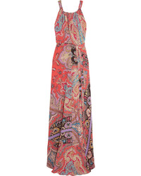 Etro Printed Silk Crepe De Chine Maxi Dress Coral