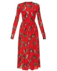 Red Print Silk Midi Dress