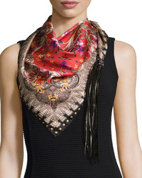 Roberto Cavalli Ducale Printed Scarf Wleather Fringe Red