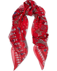 Alexander McQueen Printed Silk Chiffon Scarf Red