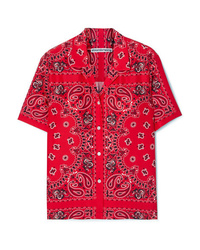 Red Print Silk Short Sleeve Button Down Shirt