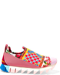 Dolce & Gabbana Ibiza Suede Trimmed Printed Neoprene Slip On Sneakers Red
