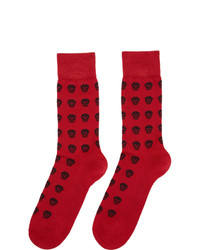Alexander McQueen Red And Black Silk Short Skull Socks
