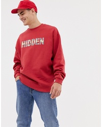 ASOS DESIGN Oversized Sweatshirt With Check Text Embroidery In Burgundy