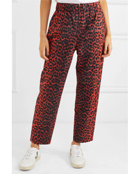 Ganni Bijou Leopard Print Cotton Twill Tapered Pants