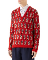 Red Print V-neck Sweater
