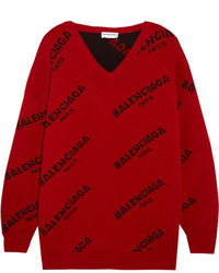 Balenciaga Intarsia Wool Blend Sweater Red