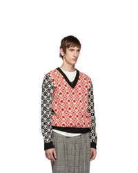 Gucci Red And Black Wool Jacquard V Neck Sweater