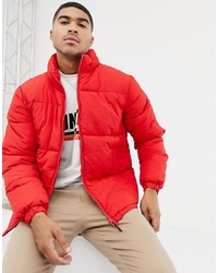 Bershka Puffer Jacket In Red With Funnel Neck