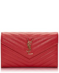 Saint Laurent Monogram Lipstick Red Textured And Quilted Leather Wallet Clutch Wchain