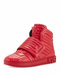 Versace Aros Quilted Leather High Top Sneaker Geranium Red