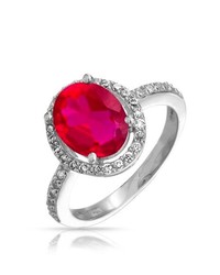 Bling Jewelry Pink Red Ruby Color Oval Cz Engaget Ring Pave Band 925 Sterling