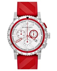 Burberry Check Stamped Chronograph Rubber Strap Watch 42mm Red