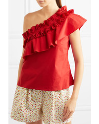 Saloni Esme One Shoulder Ruffled Cotton Blend Top Red