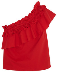 Saloni Esme One Shoulder Ruffled Cotton Blend Top Red