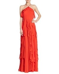 Kay Unger Solid Ruffled Halterneck Gown