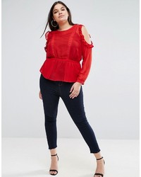 Asos Curve Curve Ruffle Cold Shoulder Blouse With Pintuck Front And Lace Insert
