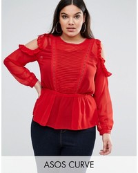 Asos Curve Curve Ruffle Cold Shoulder Blouse With Pintuck Front And Lace Insert