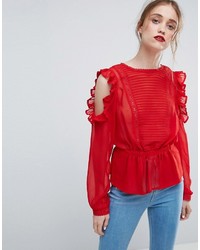 Asos Ruffle Cold Shoulder Blouse With Pintuck Front And Lace Insert