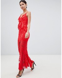 Love Triangle Ruffle Lace Maxi Dress With Cross Back In Red