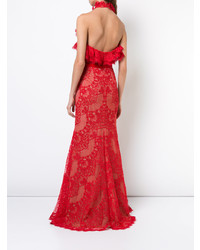 Marchesa Notte Ruffled Guipure Lace Gown